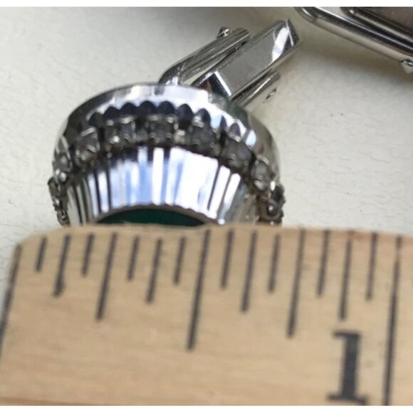 Vintage Cufflinks Silver Tone Green Rhinestone Pair St Patricks Day Wedding Form - Picture 7 of 7